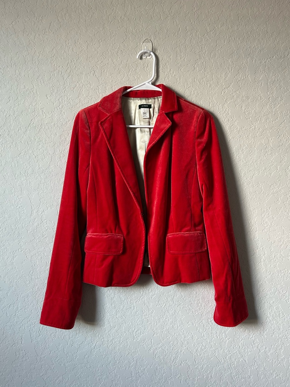 J Crew Ecole Strawberry Red Velvet Fitted Cropped Equestrian Blazer